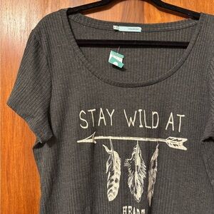 Maurices Charcoal Graphic Blouse with Feather Design